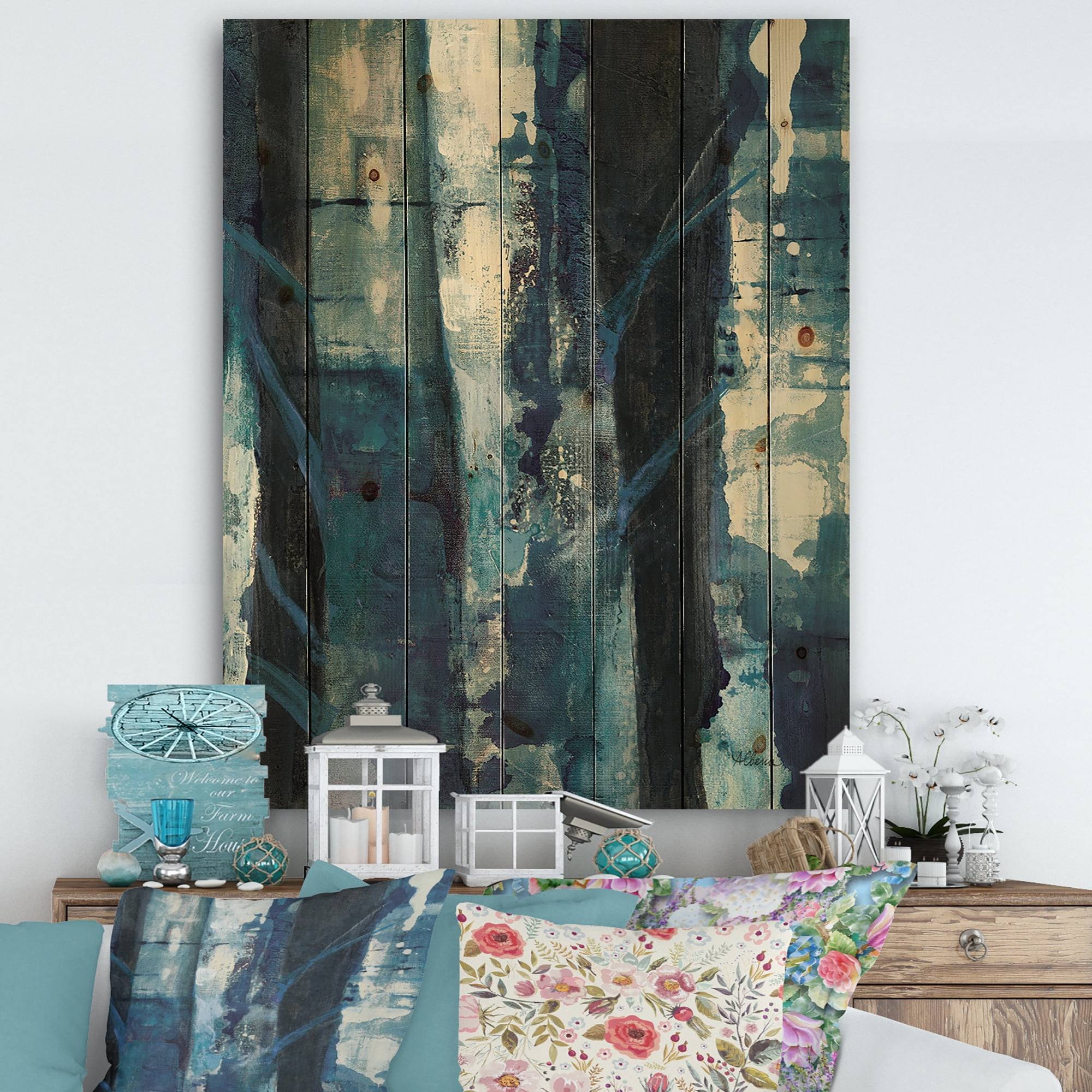 Designart 'Deep Woods I Indigo' Country Charm Print on Natural Pine Wood