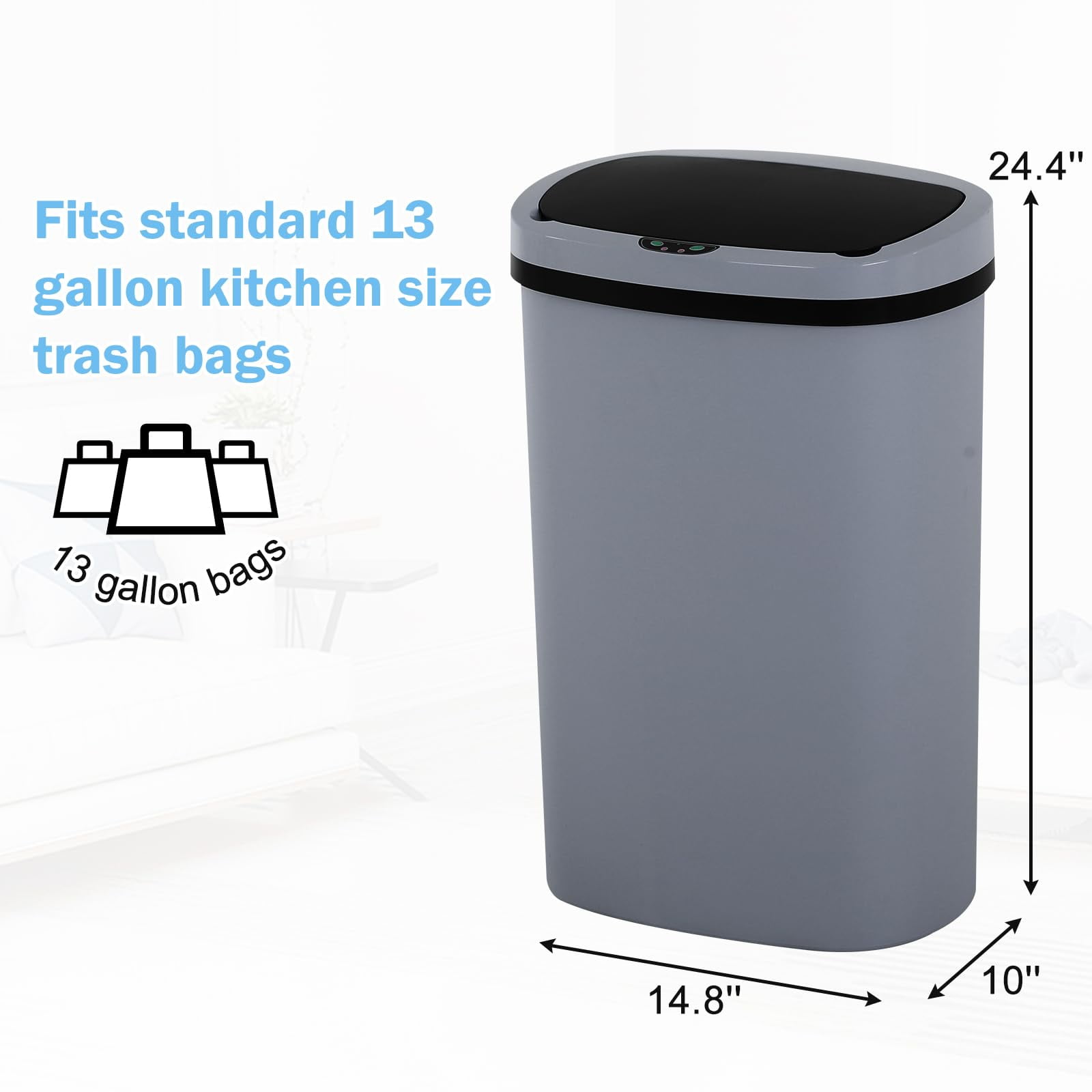 CL.HPAHKL 13 Gallon Trash Can with Lid, 50 Liter High-Capacity Broken-Resistant Plastic Garbage Can Touchless Motion Sensor Trash Can Smart Trash Can for Home Kitchen Bedroom Office (1, Gray)