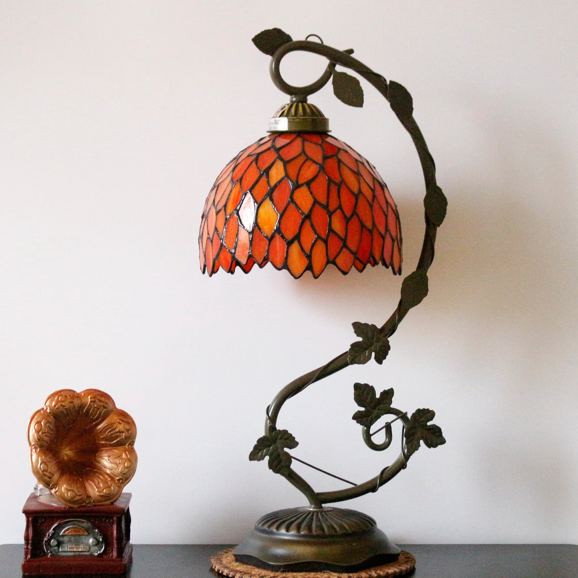 Tiffany Lamp Bedside Lamp, Stained Glass Table Lamp, Thin Antique Banker Reading Desk Light Red Wisteria Style 21" Tall Industrial Rustic Metal Leaf Base, Memory Sympathy WERFACTORY LED Bulb Included