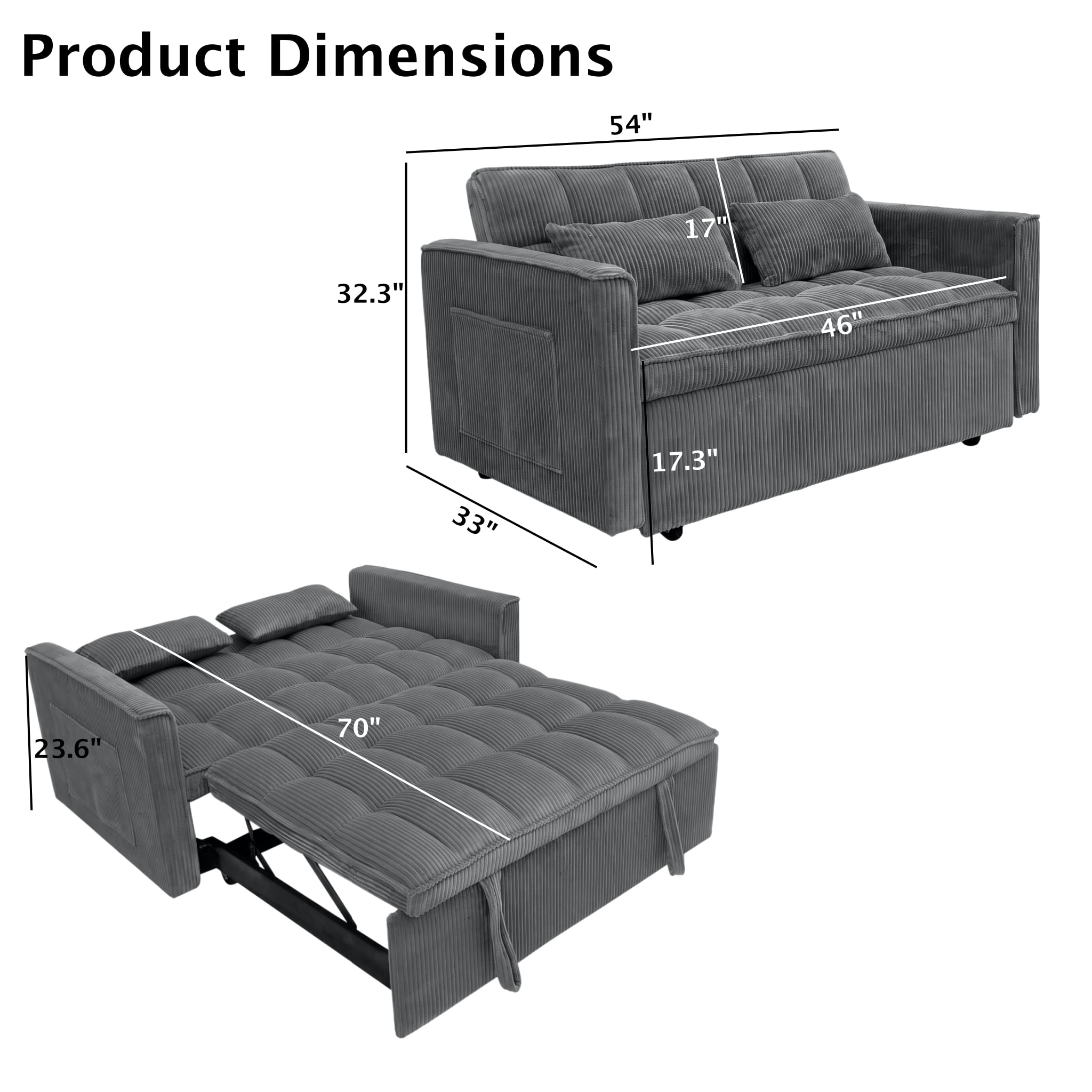 Scolyk 54" 3 in 1 Convertible Sleeper Sofa Bed, Corduroy Loveseat Couch Bed Sofa Pull Out with 5-Position Adjustable Backrest, Storage Pockets, Lumbar Pillows for Living Room, Dark Gray