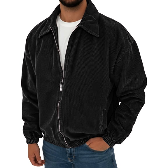 Men's Corduroy Jacket Full Zip Vintage Coat Casual Fall Windbreaker with Pockets Lightweight Classic Turn Down Collar Outerwear Retro Spring Winter Streetwear
