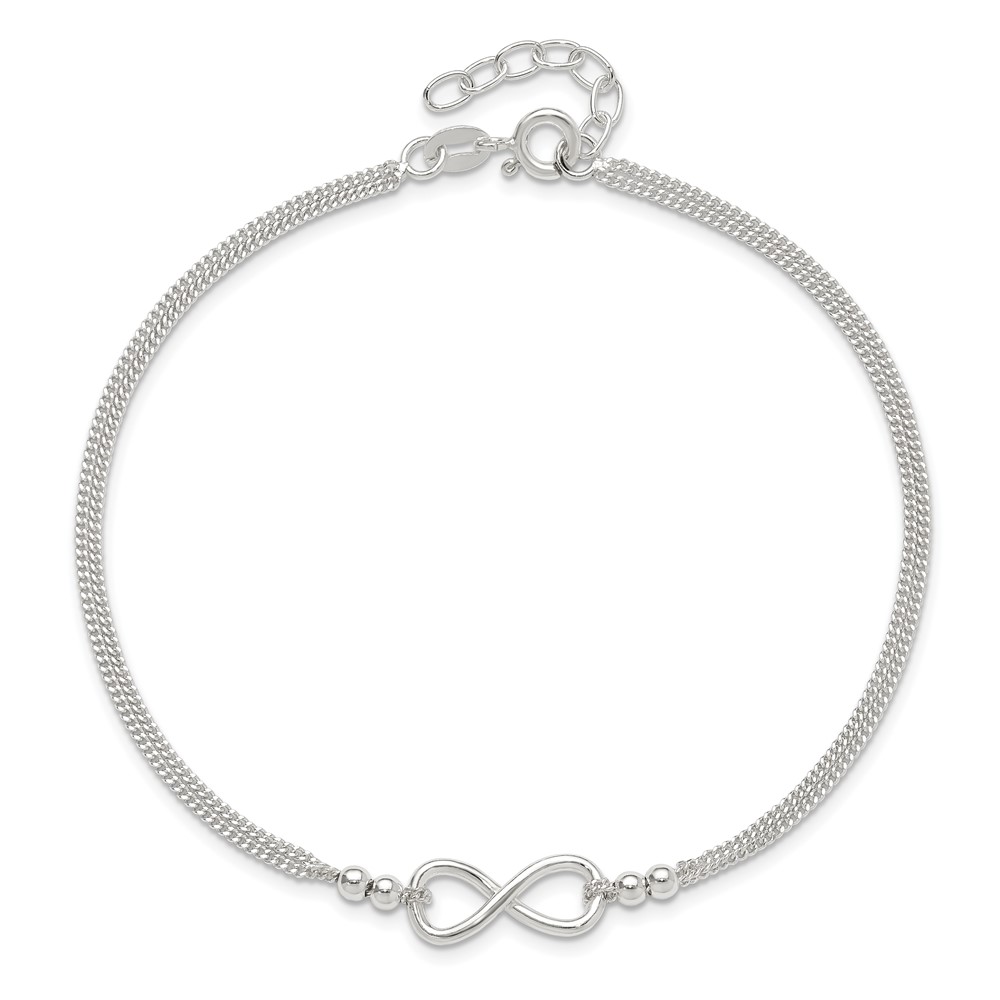 Sterling Silver 2-Strand Beaded Infinity Symbol 10in Plus 1in ext. Anklet