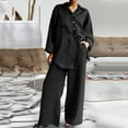 thumbnail image 4 of 2 Piece Cotton Linen Outfits Womens Lapel Collar Button Down Shirt Baggy Wide Leg Pants Sets with Pockets Loungewear (Small, Black-new), 4 of 5