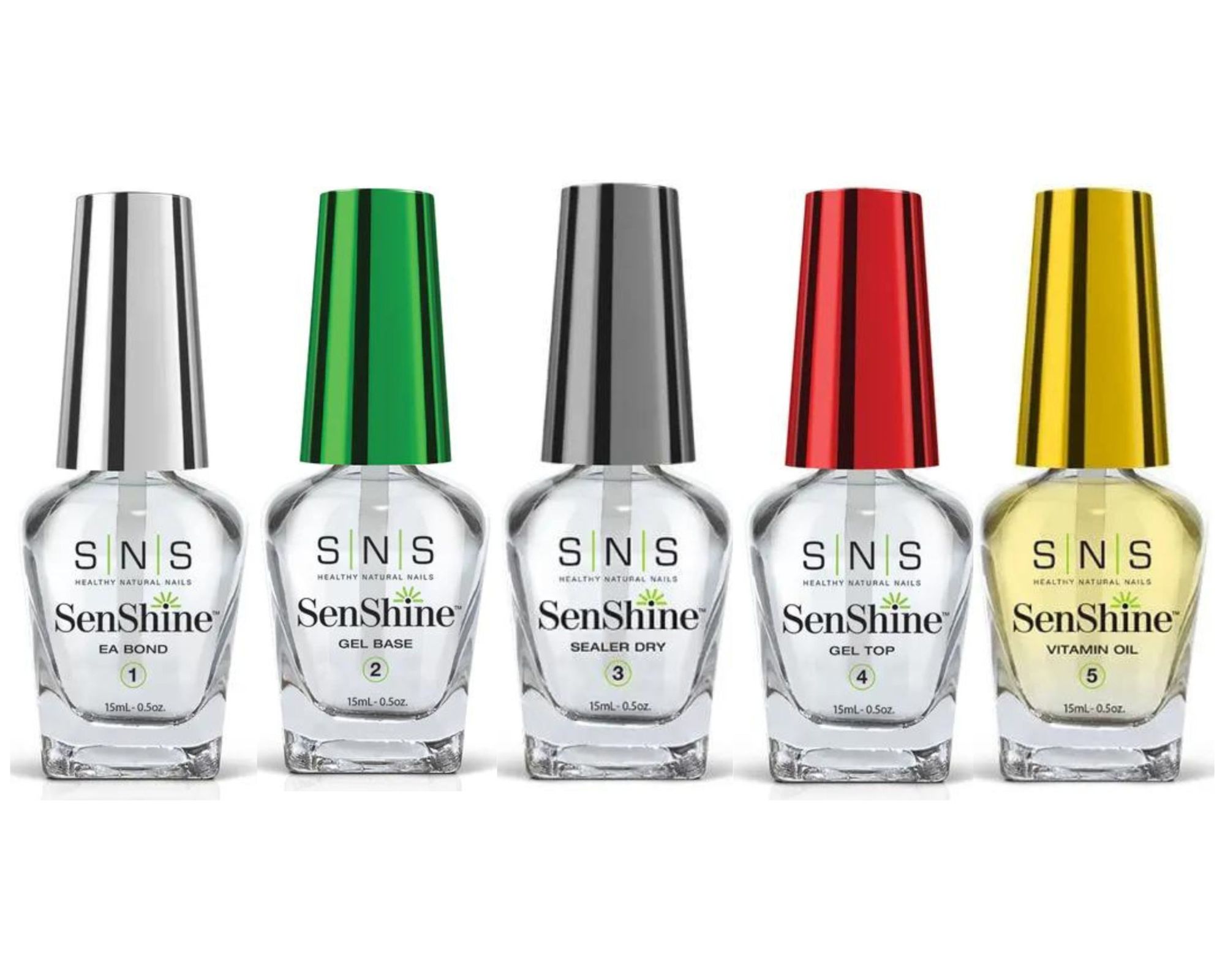 SNS SenShine Bases & Sealers - E.A Bond,Gel Base,Sealer Dry,Gel Top,Vitamin Oil ( 5 Bottle Set - 0.5 oz each )