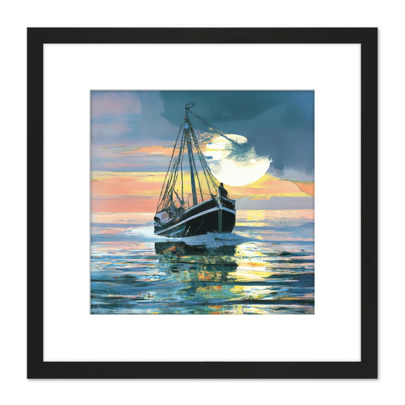 Fisherman Returns Oil Painting Fishing Boat Dusk Ocean Peaceful Pink Square Wooden Framed Wall Art Print Picture 8X8 Inch