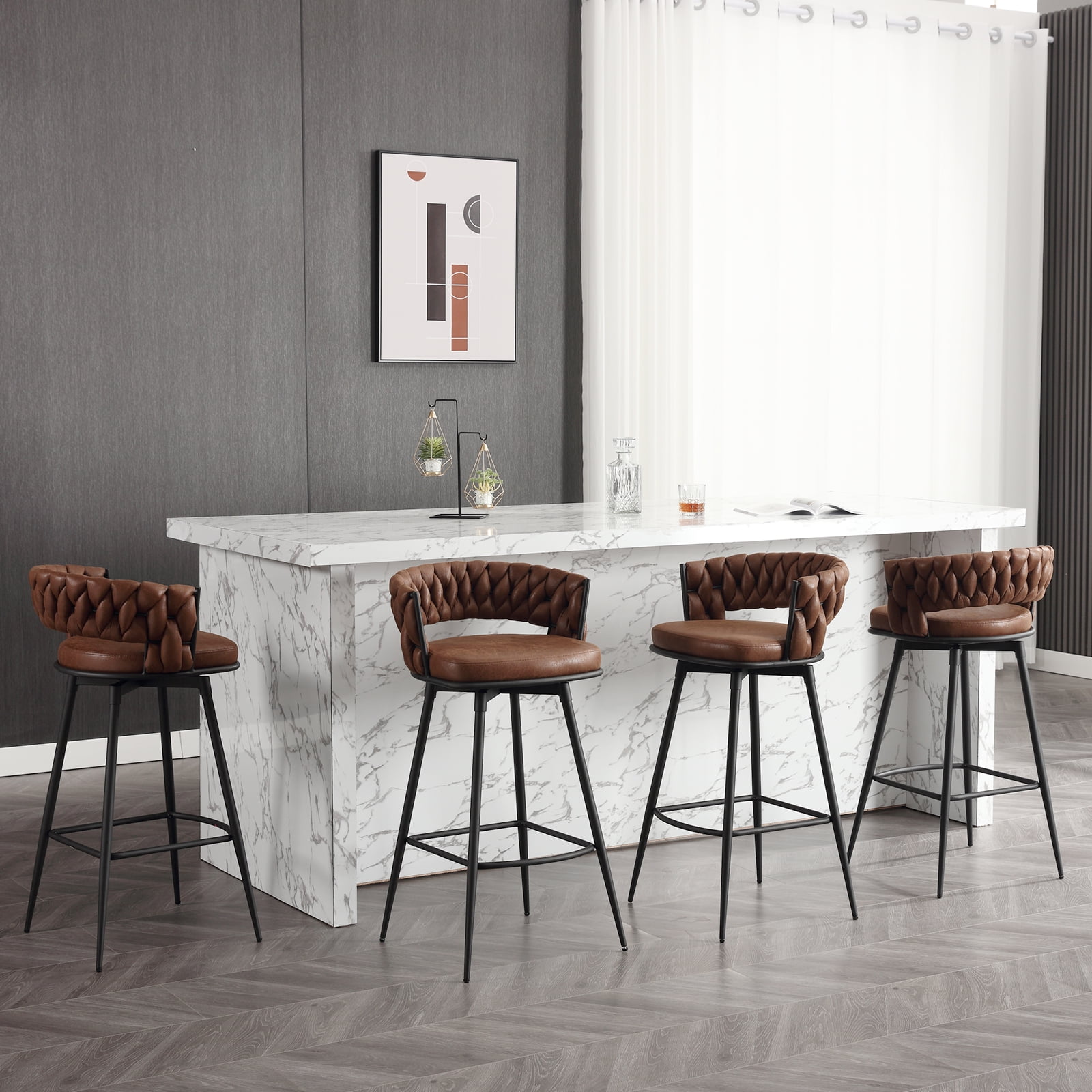 Bar Stools Set of 2, Counter Height Barstools with Woven Back and Footrest, 26" Modern Upholstered Kitchen Island Chairs for Kitchen Island, Cafe, Pub, Bar Counter, Brown