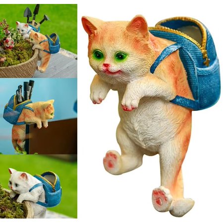 KNing Garden Cat Statue Garden Cat Ornament Outdoor Resin Backpack Cat Statue Figurine Home Decoration for Pathway Lawn Yard Patio Grass Balcony Yellow