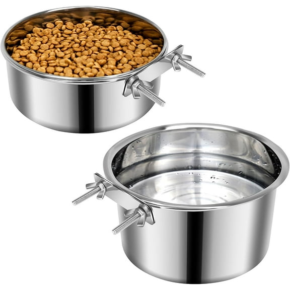 SSAWcasa Dog Crate Water Bowl, 2 Pcs Stainless Steel Dog Food Bowls for Cage Kennel Crate, 15°Angle Anti-Spill Hanging Removable Dog Feeding Bowls for Medium&Large Dogs (7.1x3.7'' & 6.2×2.6'')