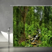 JOOCAR Tropical Rainforest Shower Curtains Jungle Green Forest Trees Plants Waterfall Landscape Nature Scenery Bathroom Decor with hooks 72 X 72 inch