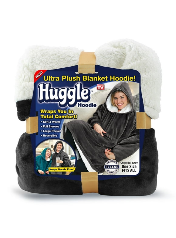 Huggle Hoodie, Fleece & Sherpa Wearable Blanket Hoodie, Gray, Unisex One Size