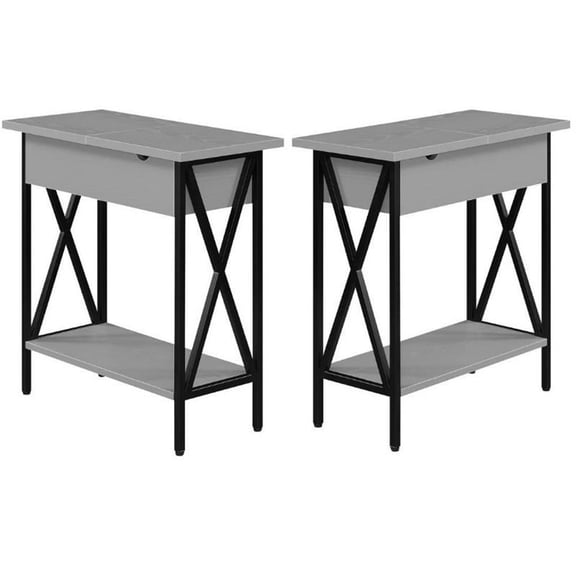 Home Square Top End Table with Charging Station & Shelf in Gray - Set of 2