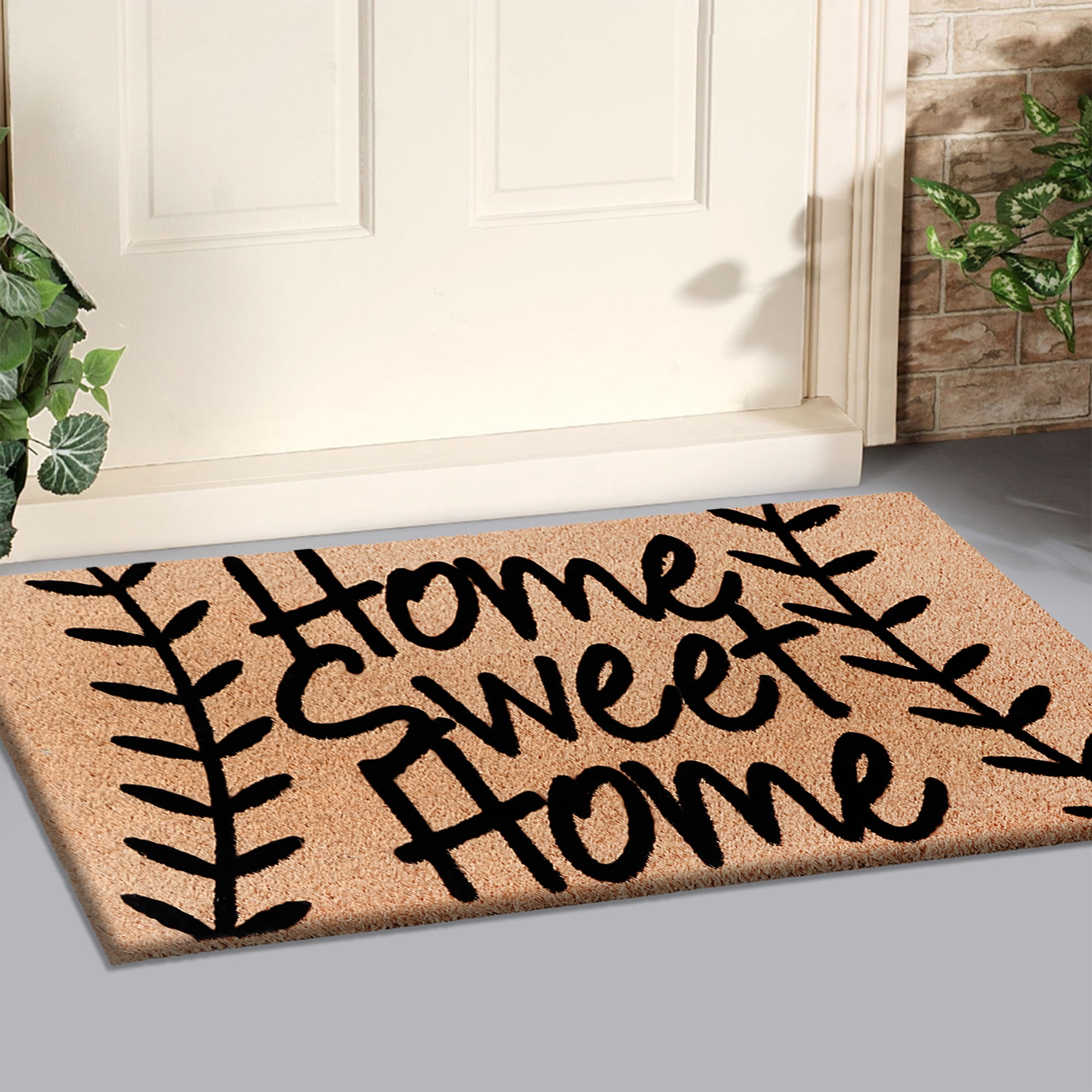 A1HC Natural Coir Flocked Doormat, Leafy Home Sweet Home Black , 18"x30", Durable Outdoor Welcome Mat, Non-Slip, Pet Friendly