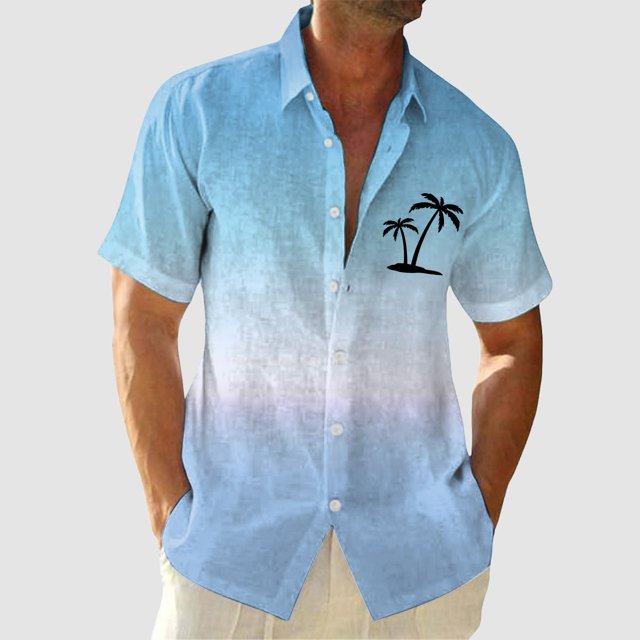 toraway Fall Clothes Men's T Shirts with Pockets Men Short Sleeved Fashionable Color Gradient Printed Coconut Tree Pattern Men Seaside Beach Shirt XXL