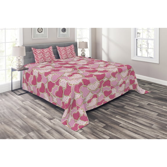 Ambesonne Valentines Quilted Coverlet 3 Pcs, Heart Shapes Cookies, King Size, Pale Brown Pale Pink