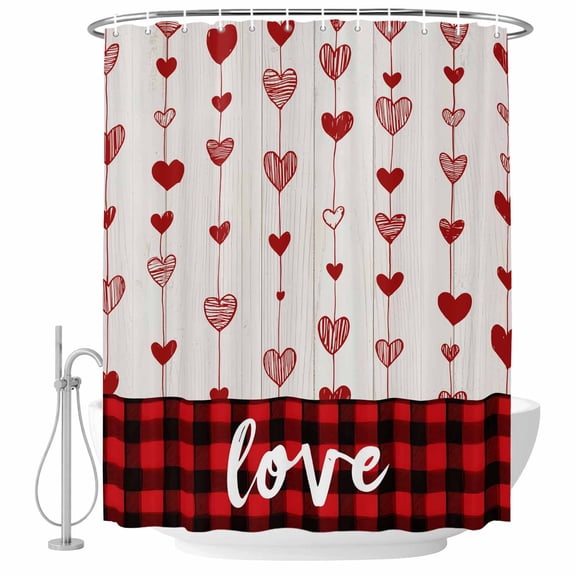 Valentines Day Shower Curtain, Waterproof Shower Curtains for Bathroom, Red Love Hearts Wooden Plaid Rustic Washable Fabric Bathtub Curtain Set Bath Decor with 12 Hooks Long 72"x84"