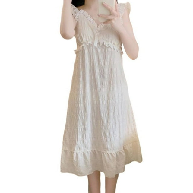LIaqionyy Chemises de Nuit pour Femmes Robe de Pyjama Sans Manches Chemise de Nuit à Volants Bretelles Larges Chemises de Sommeil Vêtements de Nuit
