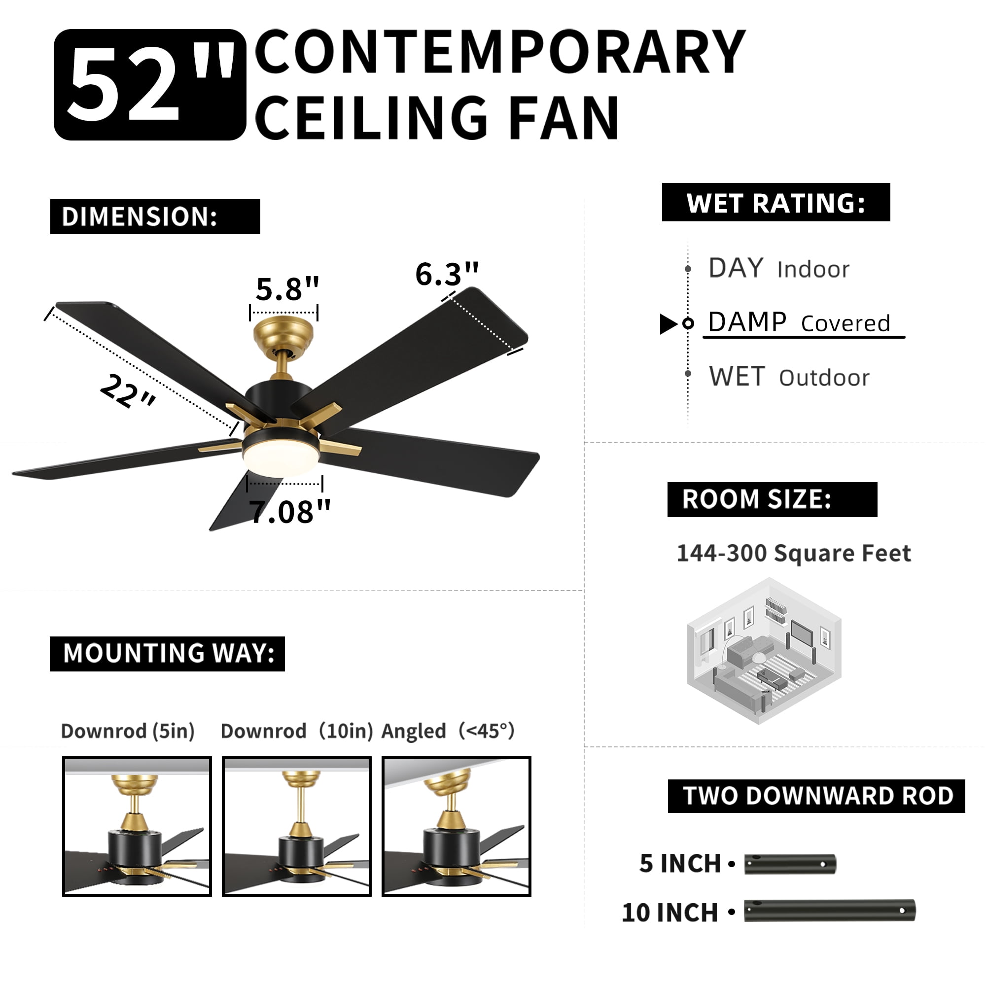 Uforic 52 Inch Modern Ceiling Fan with Light and Remote,APP Control,6 Speed, 5 Blades,Reversible Airflow for Indoor - Black & Gold