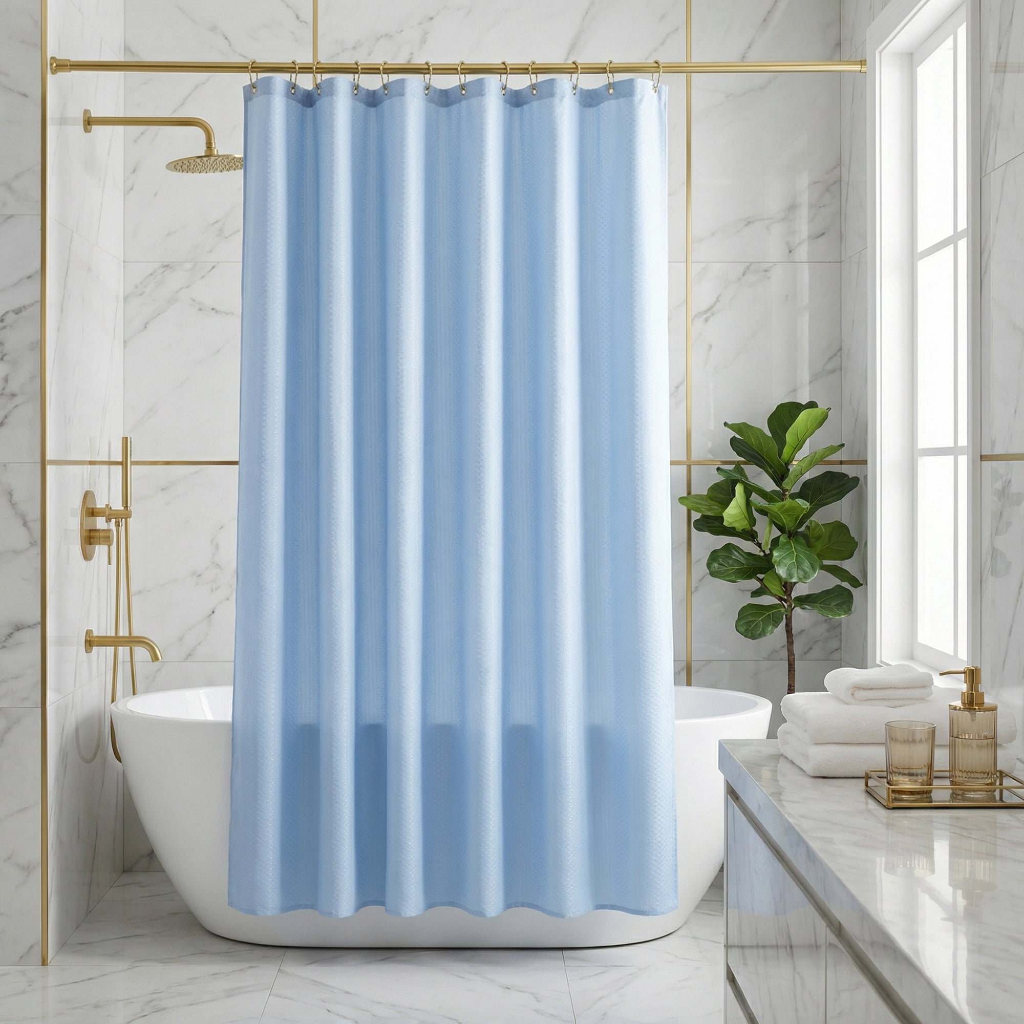 Unique Bargains Geometric Shower Curtain Sets with 12 Hooks Blue 71"W x 71"L