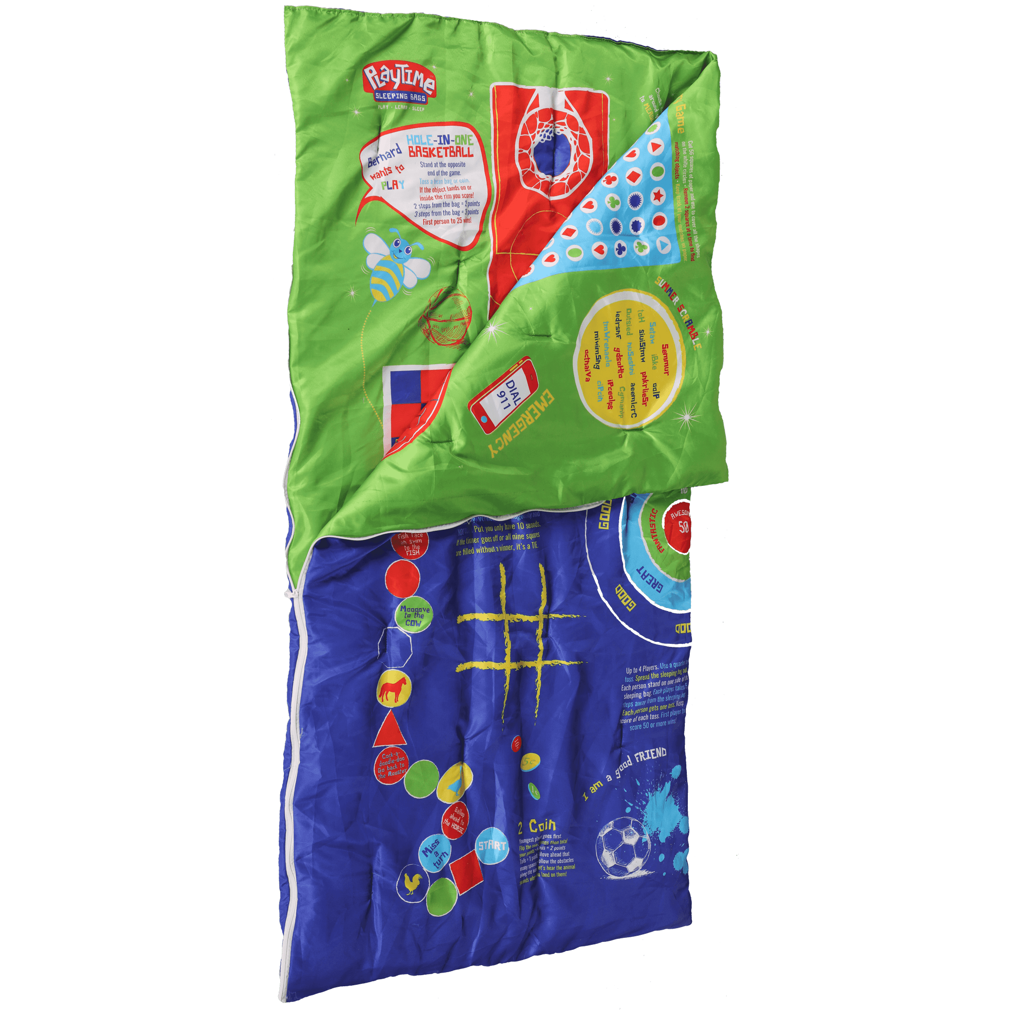 Playtime Premium Ultra-Soft Microfiber, Reversible. All in 1 Kids, Toddler Sleep & Play Gaming Nap Mat / Sleeping Slumber Bag Bed Cover For Kids Daycare, Pre-School. Over 35 Fun Games. Blue/Green