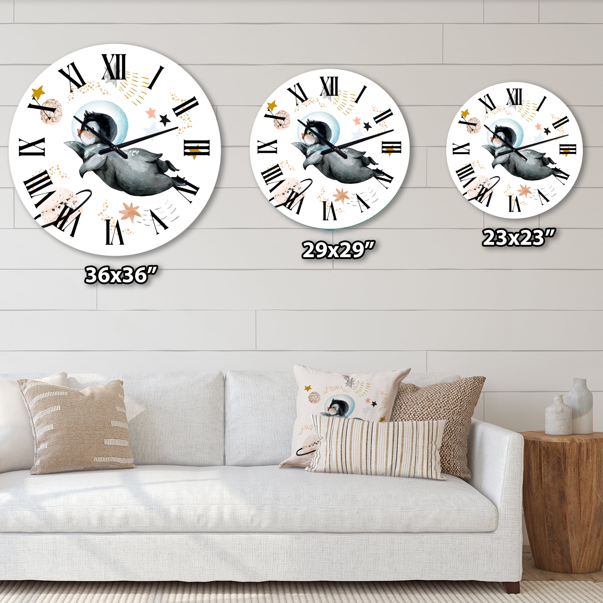 Designart 'Little Penguin Flying Stars And Planets Ii' Farmhouse Wall Clock