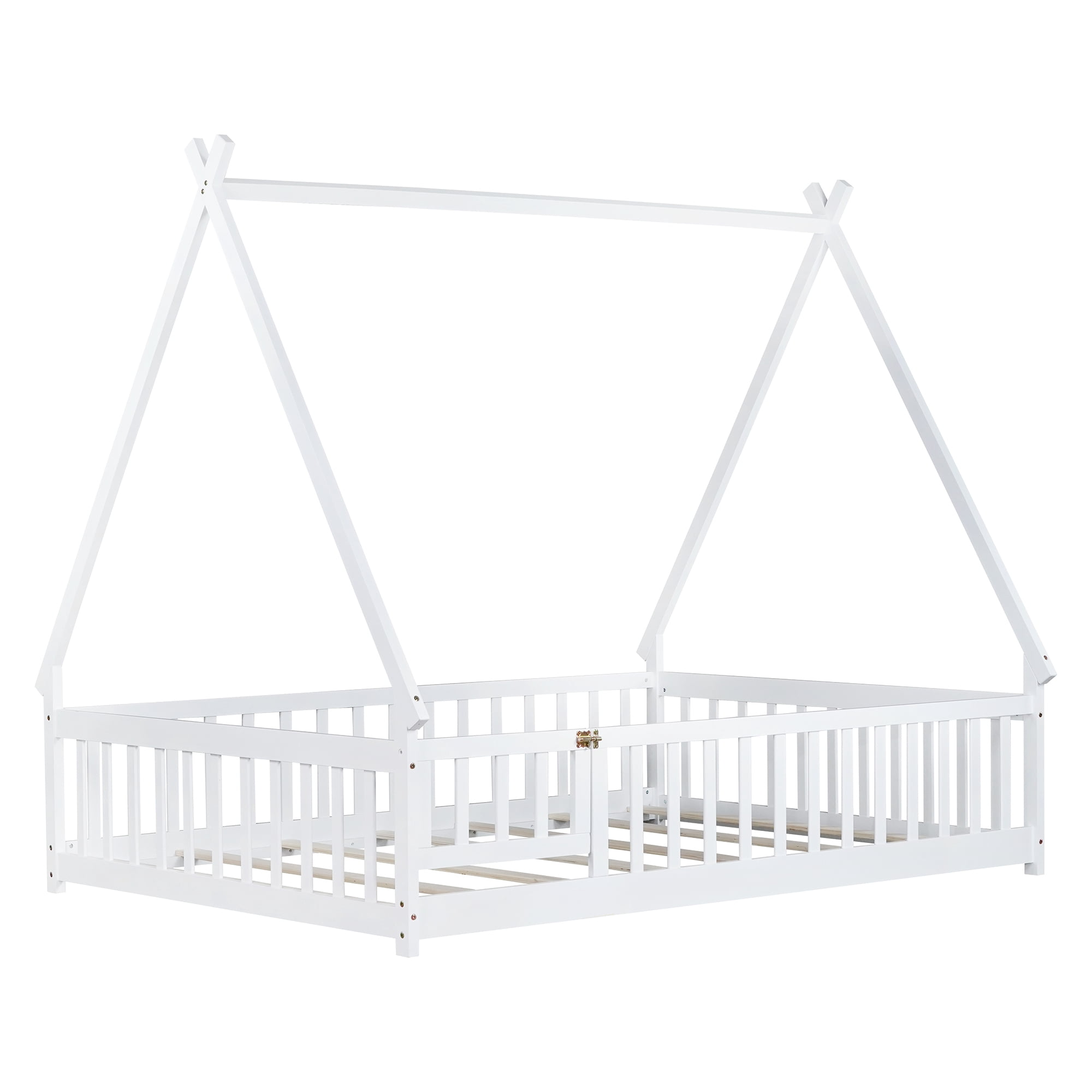 Miniyam Full Size Teepee Tent Floor Bed with Guardrails and Lockable Door, Wooden Montessori Bed with Slats for Kids Bedroom, White