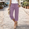 thumbnail image 6 of Capri Pants for Women Cotton Linen Straight Leg Pants with Pockets Cropped Elastic Waist Vacation Trousers, S, 6 of 6