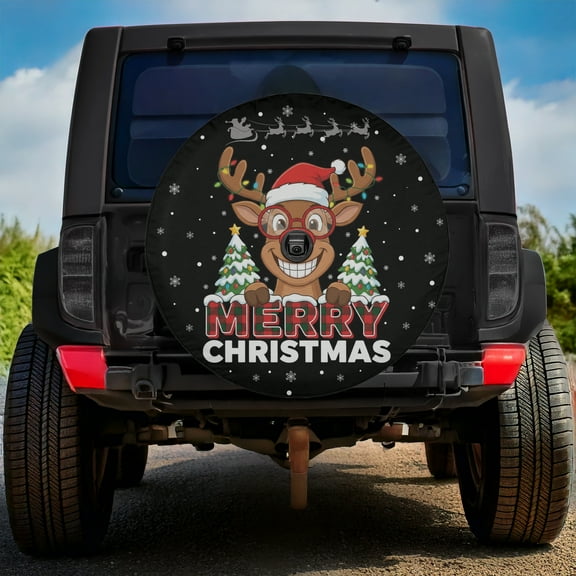 Lotusprinthandmade Funny Reindeer Xmas Merry Christmas Spare Tire Cover With Backup Camera Hole 6 Sizes (27 in.), holiday reindeer wheel protector
