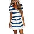thumbnail image 2 of Txlixc Vestido de bloque de color para mujer, una pieza de manga corta con cuello en V a rayas para adultos con cordón, bolsillo Txlixc  Estilo de ocio, 2 of 9