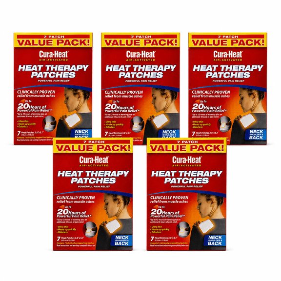 Cura-Heat Pain Relief Heat Patches, Air-Activated Targeted Warmth for Back, Neck, Shoulders and Joints, White, 7 Count 5 Pack