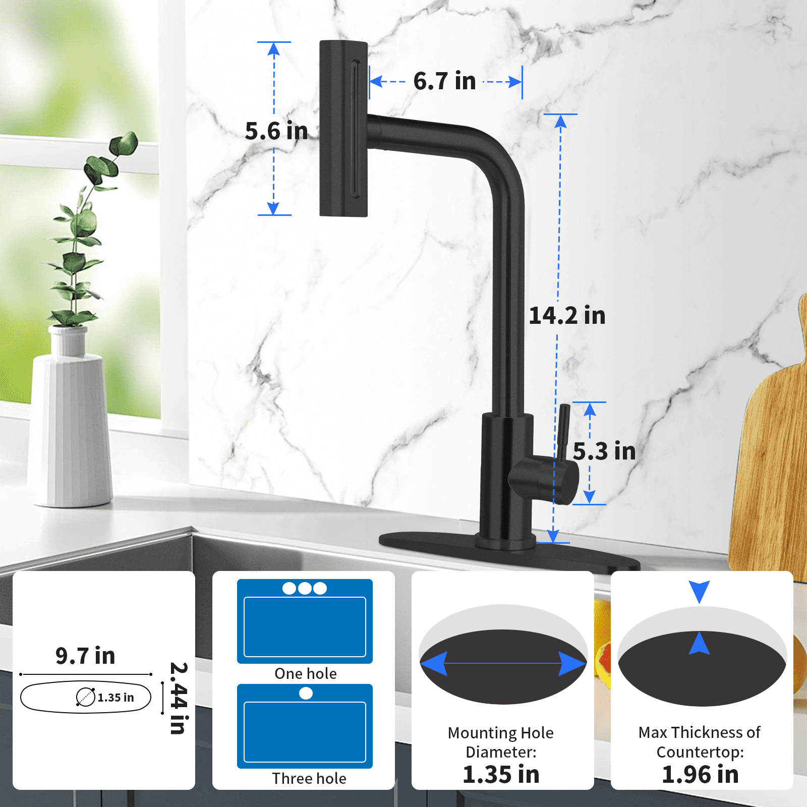 PHANCIR Kitchen Faucet with 4 Modes 15.7" Pull Down Sprayer, 360° Swivel Stainless Steel with No-Leak Ceramic Valve, Easy Install for Farmhouse Camper Laundry RV Bar, Black
