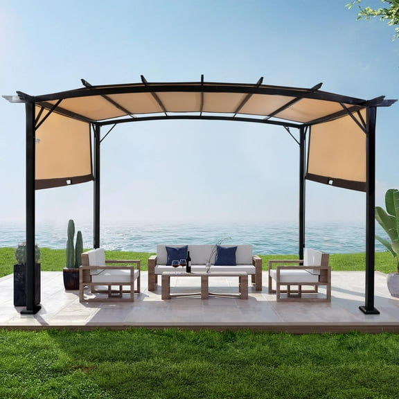 Winado 12' x 9' Pergola Metal Adjustable Shade Fabric Curved Top Folding Shed Patio Brown