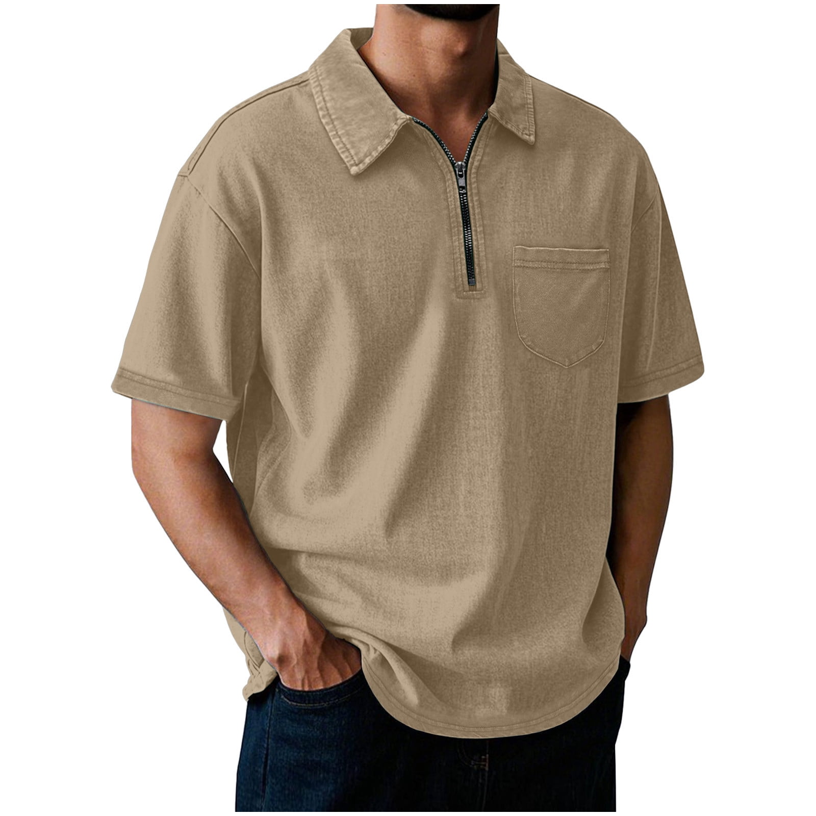 YanHoo Zip Up Polo Shirts for Men Short Sleeve Collared Golf