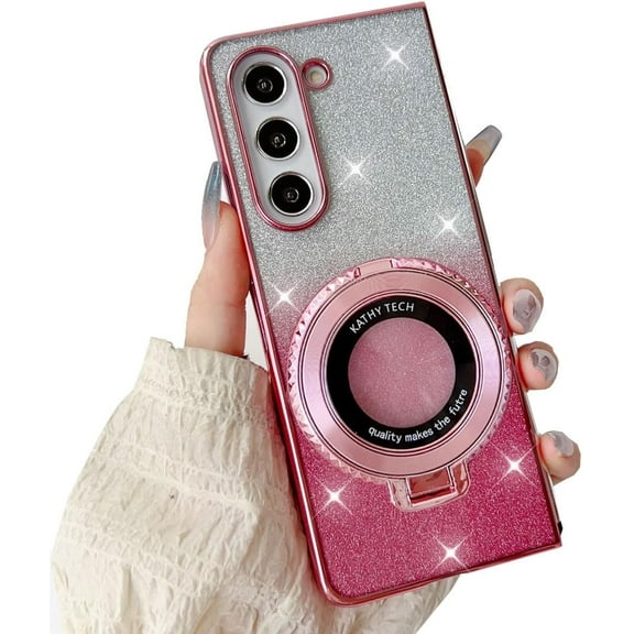 Magnetic  Ring Stand Glitter Case for Samsung Galaxy Z Fold 6, (Compatible with Magsafe) Women Girly Luxury Cute Plating Bling Glitter Kickstand Cover for Galaxy Z Fold 6 (Pink)