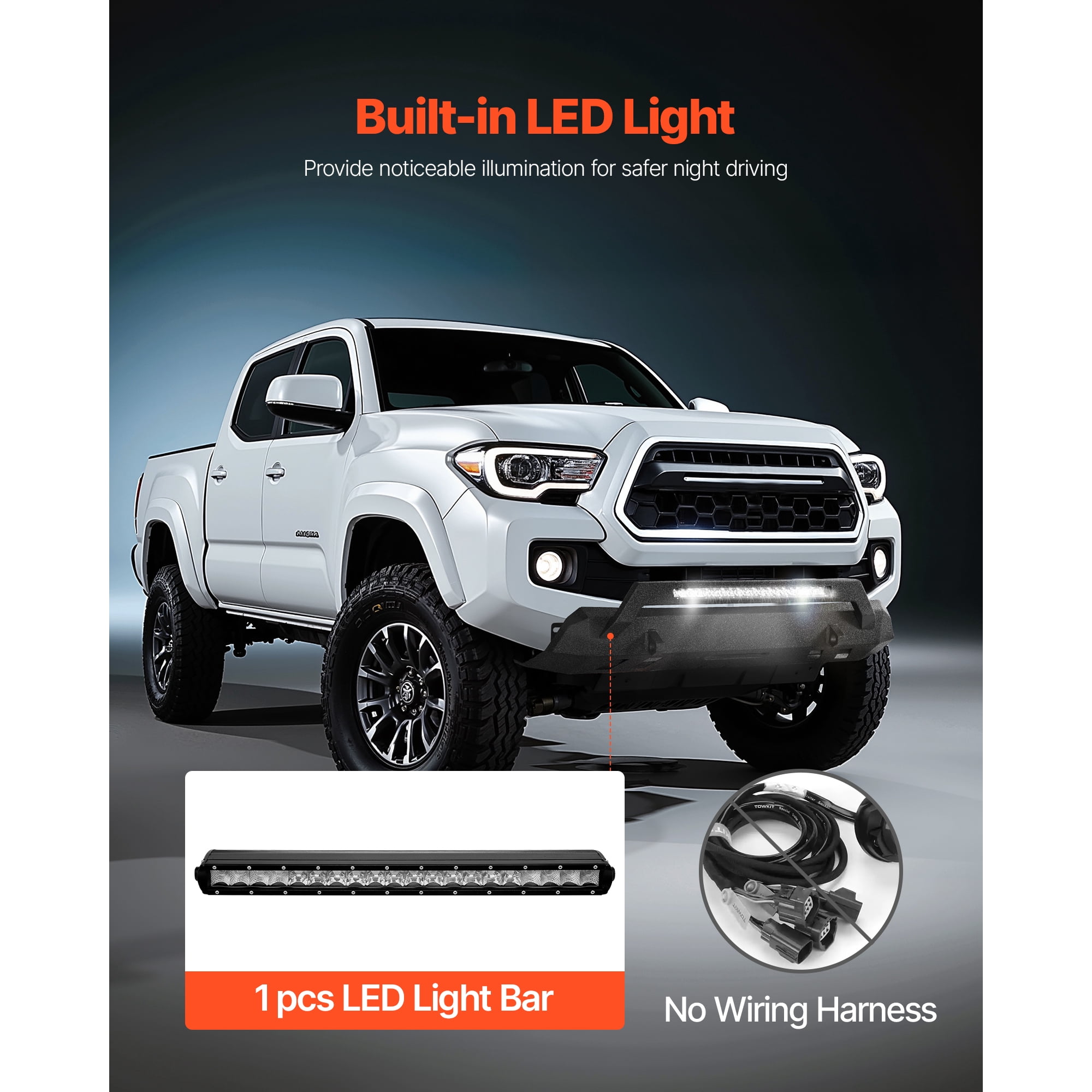 KFFKFF Front Bumper Compatible with 2016-2023 Toyota Tacoma, Pickup Truck Bumper with LED Light Bar, Winch Plate & D-Ring Mounts, Durable Steel Construction with Protective E-Coating