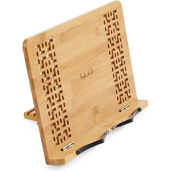 Bamboo Book Stand and Reading Rest – Adjustable – Foldable Cookbook & Tablet Holder with 5 Viewing Angles, Includes Metal Bookmark and Gift Bag