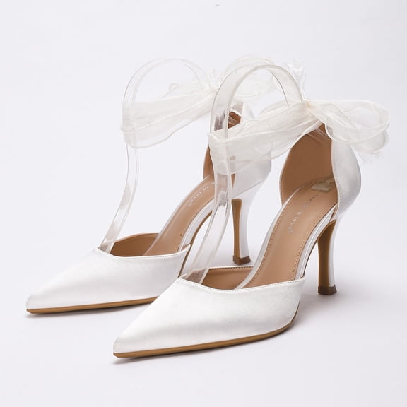 On feet & in love Women's Satin Pointed Toe Slingback Heels - Stiletto Dress Pumps with Sheer Ribbon Bow Detail,White