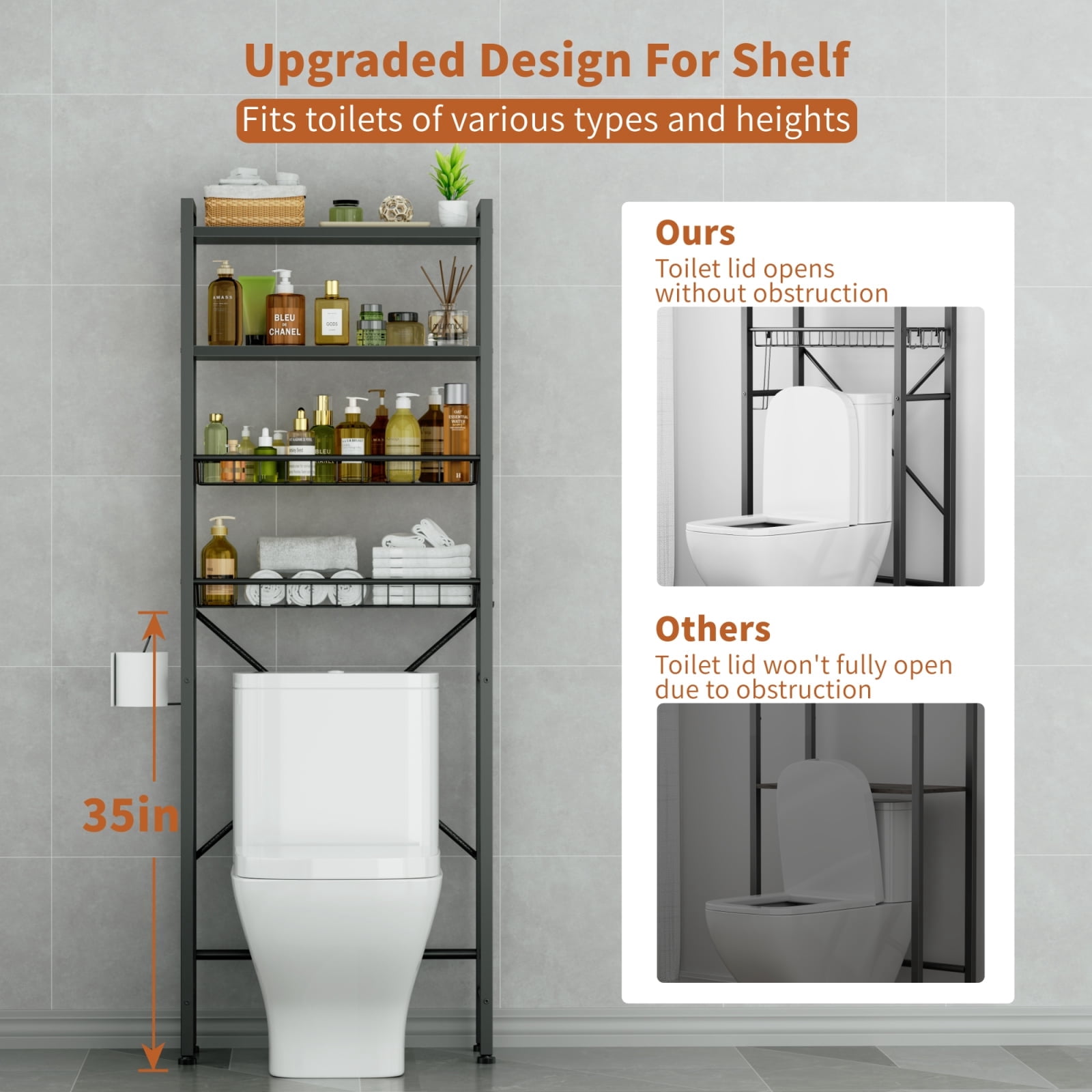 Capri Over The Toilet Storage, 4-Tier Freestanding Bathroom Shelf, above Toilet Space Saver Rack, Black