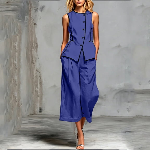 Cagogo Women's 2 Piece Sleeveless Suit Sets Casual Summer Outfits Round Neck Wide Leg Pants Matching Lounge Tracksuits Travel Airport Clothes, Blue S