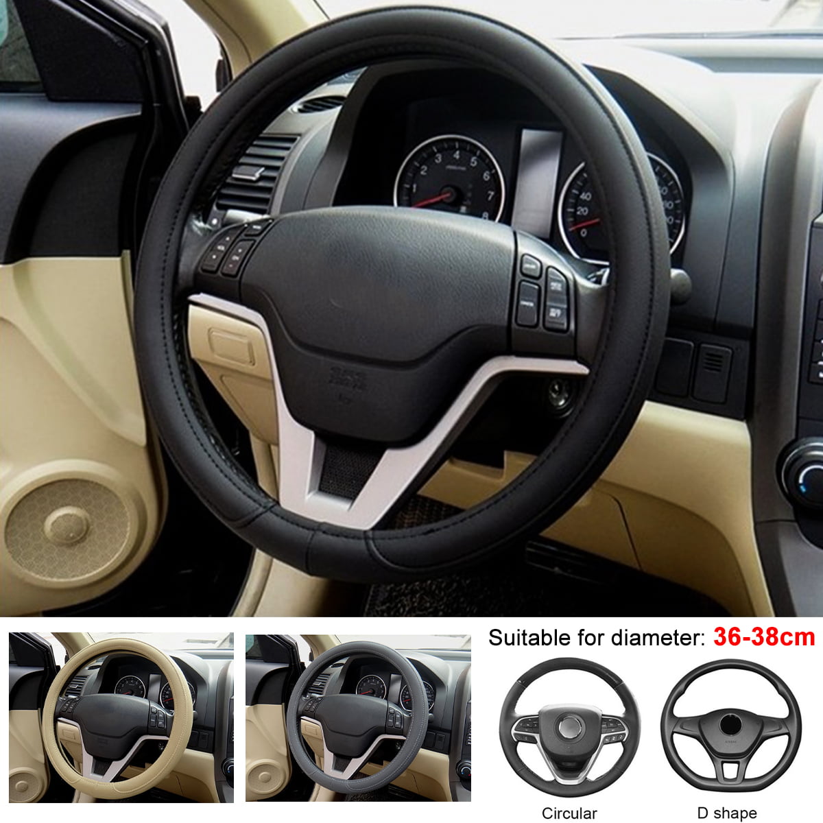 Auto Car steering Wheel Cover 15 in/38 cm Premium Soft Leather Black Wood Grain