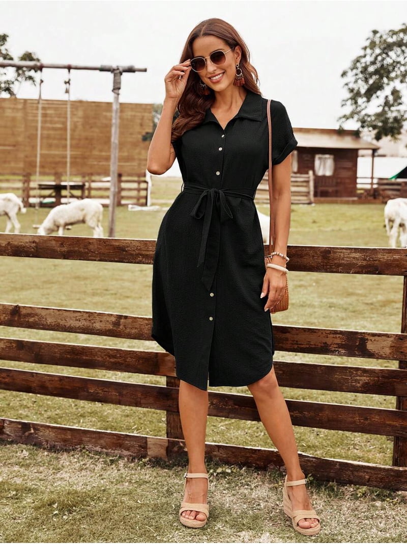 Black Women Summer Short Sleeve Collared Shirt Dress With Self-Tie Waist Belt