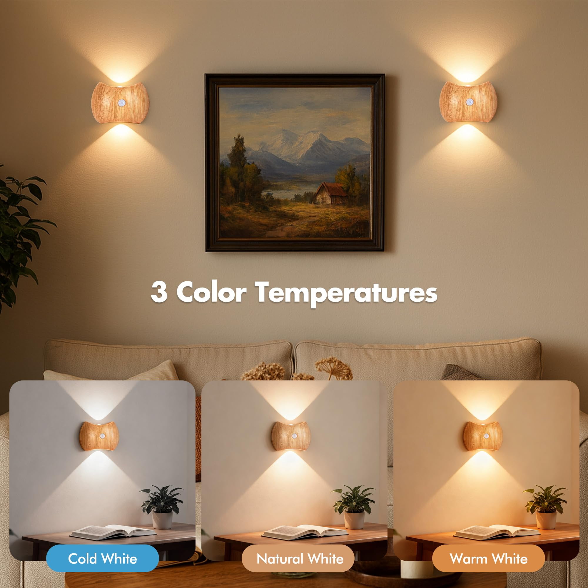 Motion Sensor Wall Lights Indoor - Rechargeable Wall Lights Up & Down, Wireless Battery Operated Wall Sconce Set of 4for Bedroom, Hallway, Stair, Living Room Decor, Wood Cordless Magnetic Wall Lamp