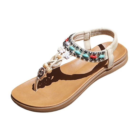 Ozmmyan Womens Beaded Shell Toe Ring Flat Sandals Bohemian Ankle Strap Summer Sandals