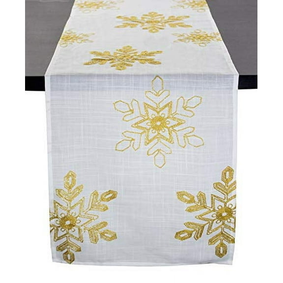 Fennco Styles Holiday Nivalis Collection Snowflake Design Decorative Table Runner 16"W x 108"L - Gold Table Cover for Home, Dining Table, Christmas Décor, Banquet, Family Gathering, Special Occasion