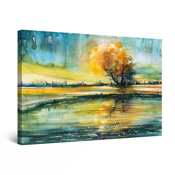 Startonight Canvas Wall Art Classic Landscape Tree and Lake Green