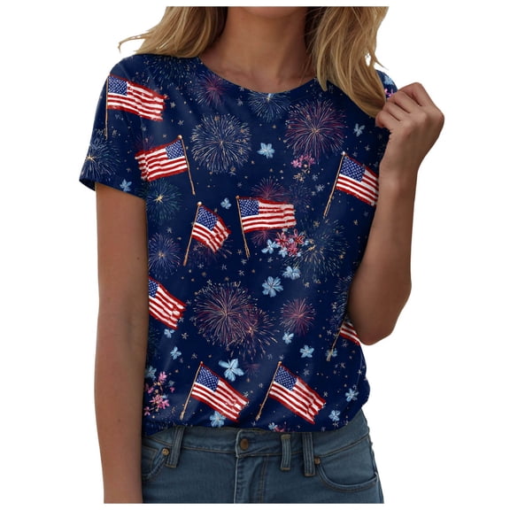 idosla American Flag Shirts for Women Short Sleeve 4Th of July Patriotic Tops Red White Stars Stripes Graphic Tees Pullover (Navy, L)