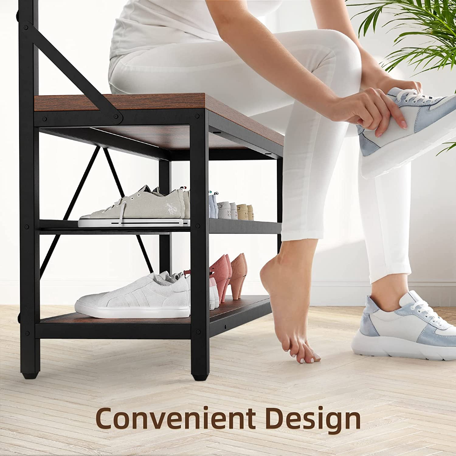 EastVita Coat Rack Shoe Bench Industrial Hall Tree Storage Bench for Entryway Wood Look Accent Large Shoe Rack Bench with Storage Shelf Hanging Bar,8 Hooks Grey 39.9"x15.7"x72"
