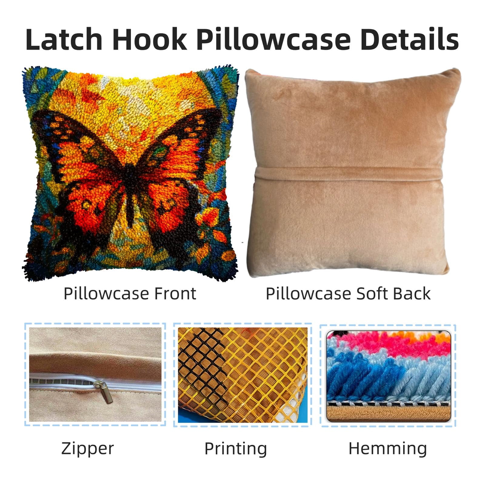 Orange Butterfly and Sunset DIY Latch Hook Pillow Kits for Adults Printed Pillowcase Crochet Yarns Hooking Handmade Pillow Cover Cushion for Home Sofa Decoration 17x17inch