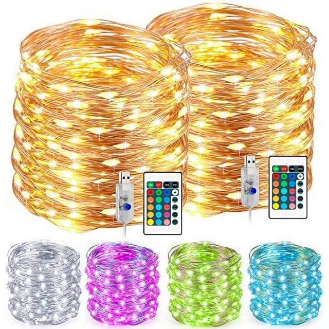 Led String Lights Outdoor Indoor Multi Color Changing Fairy String Light 33ft 100 LEDs Battery Led String Lights with Remote USB Powered for Bedroom Patio Garden (2 Pack)