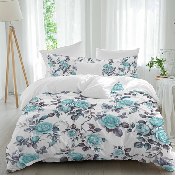 Vintage Pastoral Queen Size Comforter Set, Blue Flower Country Art Decoration Bedding for All Seasons, 4 Pcs Bed Set, 1Quiltcover (90"x92") ,1Sheet(94"x116"), 2Pillowcases (30"x20")