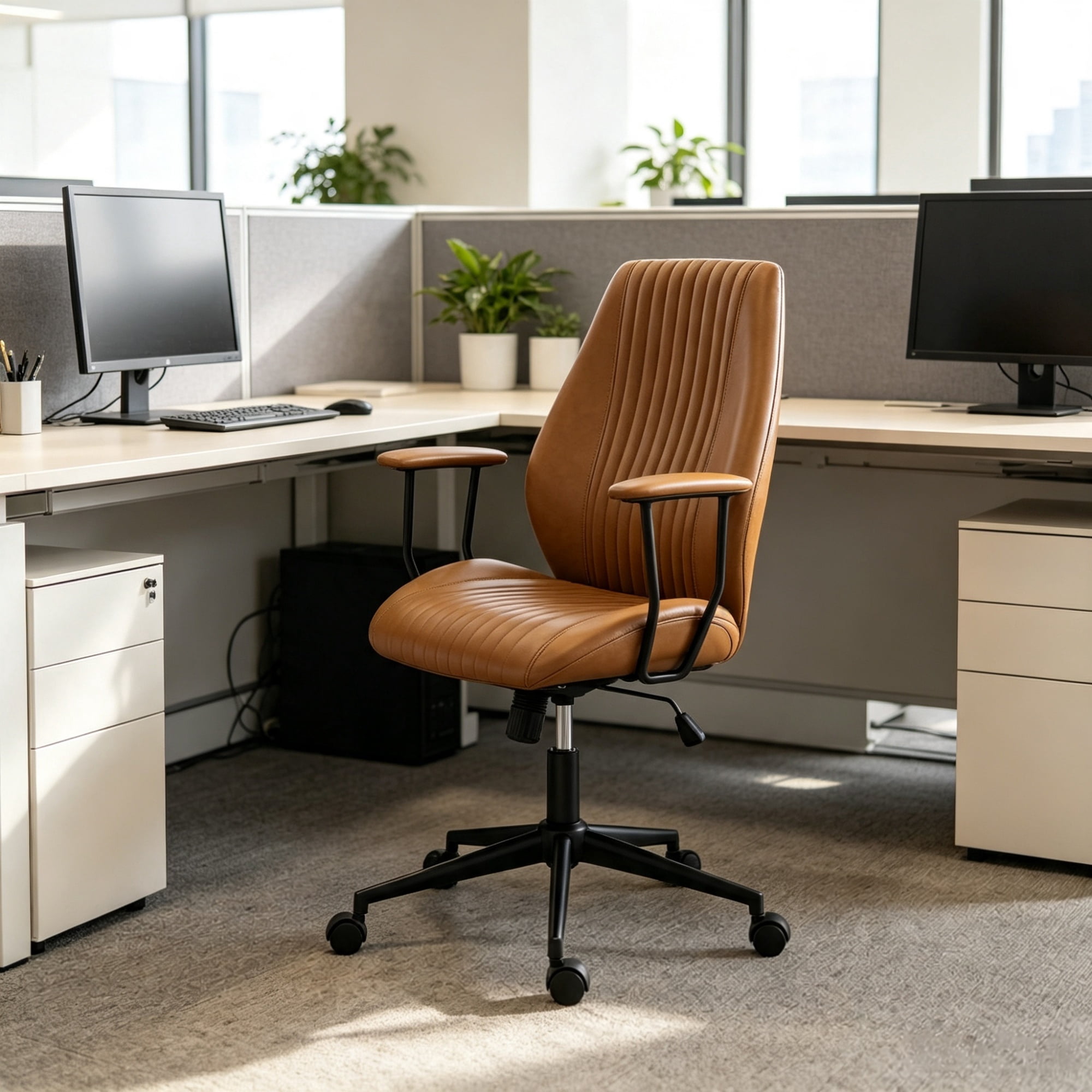 Vintage Leather Office Desk Chair, Padded Arms, 360° Swivel & Adjustable Height, Brown